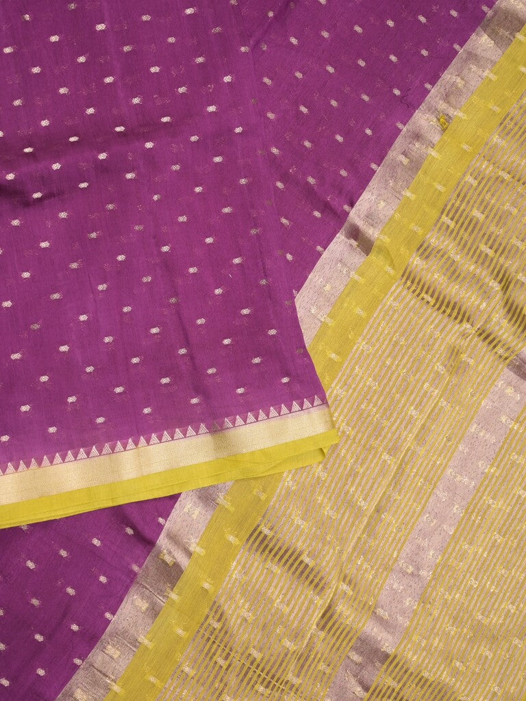 Maheshwari fancy saree dark purple color allover zari motifs & zari border with contrast pallu and attached blouse