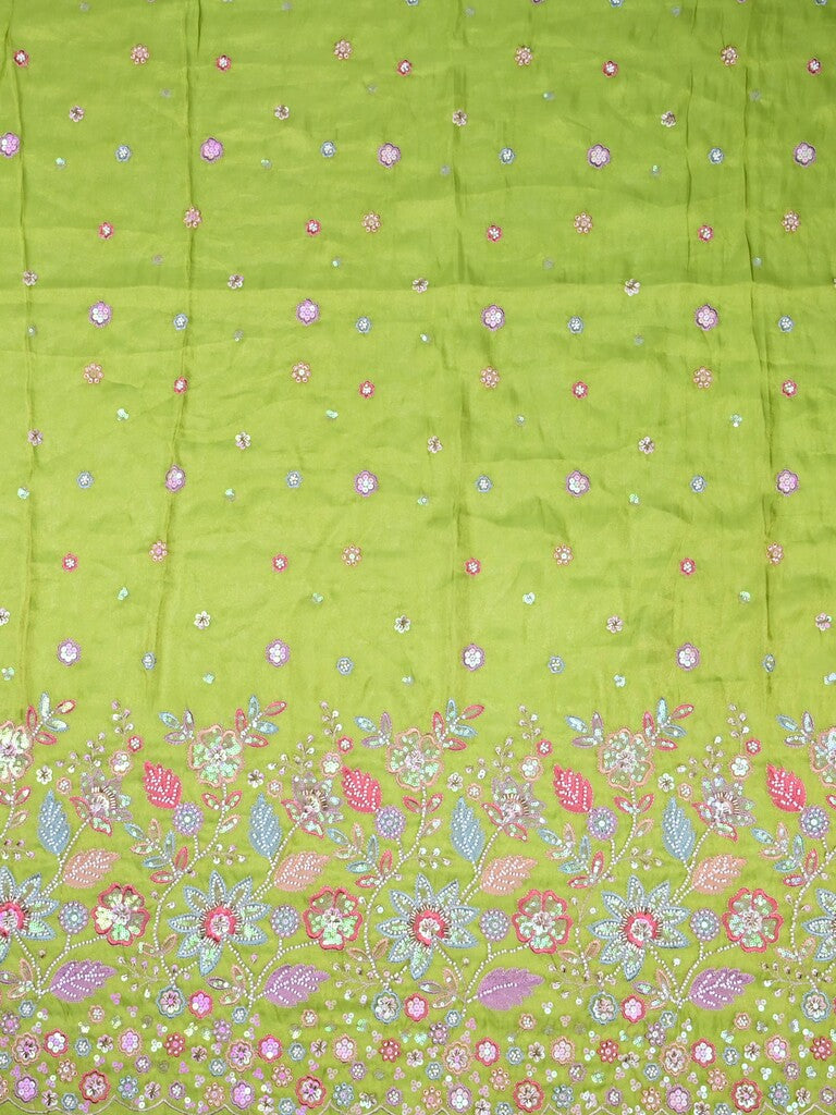 Parrot green color dola silk fabric with allover embroidery work