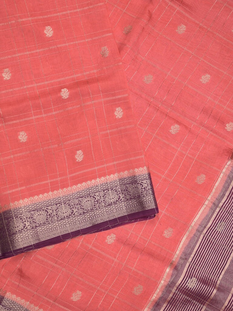 Maheshwari fancy saree coral pink color allover checks, zari motifs & zari border with contrast pallu and attached blouse