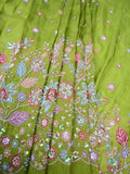 Parrot green color dola silk fabric with allover embroidery work