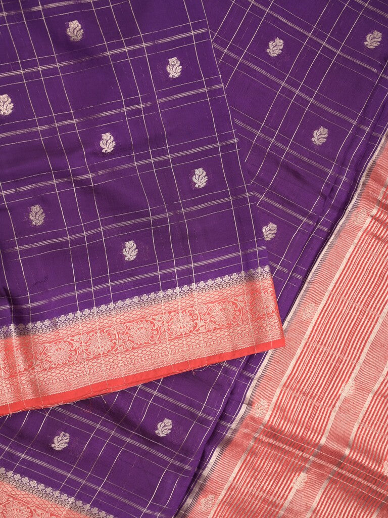 Maheshwari fancy saree purple color allover checks, zari motifs & zari border with contrast pallu and attached blouse