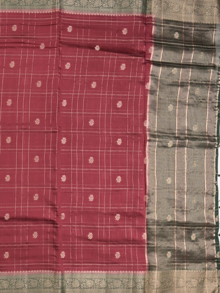Maheshwari fancy saree maroon color allover checks, zari motifs & zari border with contrast pallu and attached blouse
