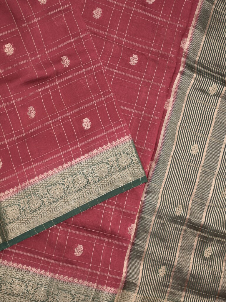Maheshwari fancy saree maroon color allover checks, zari motifs & zari border with contrast pallu and attached blouse