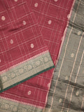 Maheshwari fancy saree maroon color allover checks, zari motifs & zari border with contrast pallu and attached blouse