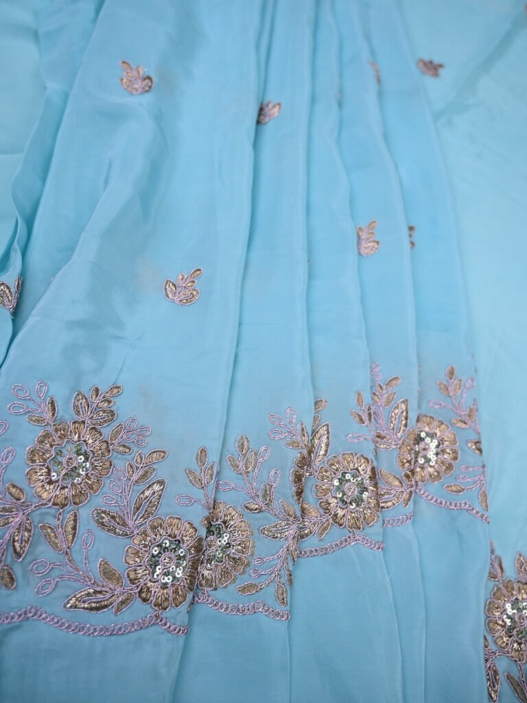 Sky blue color crape fabric with allover embroidery work