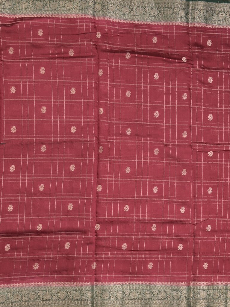 Maheshwari fancy saree maroon color allover checks, zari motifs & zari border with contrast pallu and attached blouse