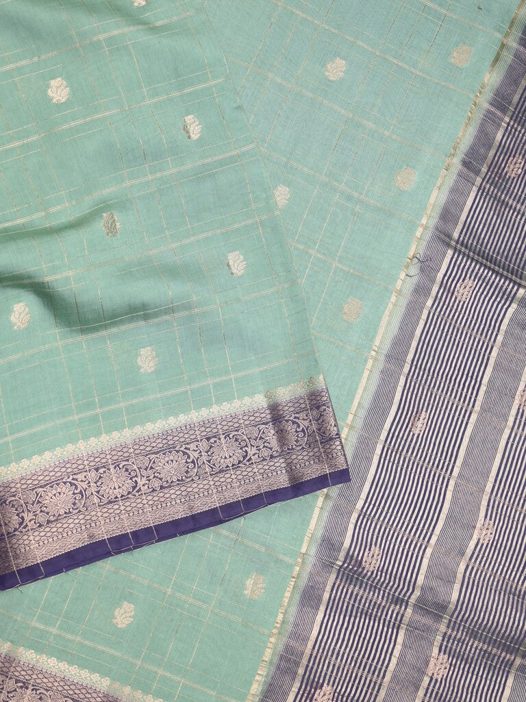Maheshwari fancy saree lux green color allover checks, zari motifs & zari border with contrast pallu and attached blouse