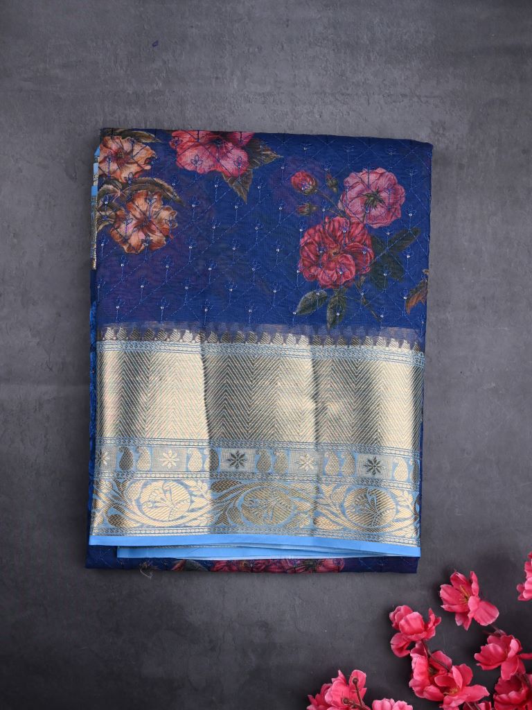 Organza fancy saree royal blue color allover prints and embroidery & zari border with running pallu and plain blouse