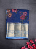 Organza fancy saree royal blue color allover prints and embroidery & zari border with running pallu and plain blouse