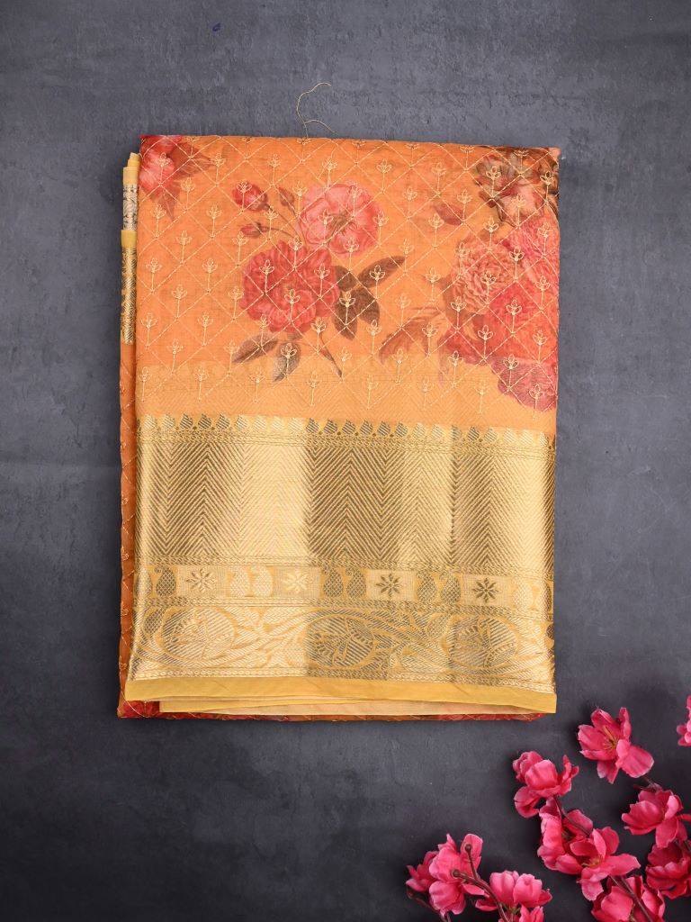 Organza fancy saree golden yellow color allover prints and embroidery & zari border with running pallu and plain blouse