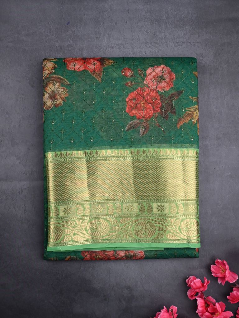 Organza fancy saree bottle green color allover prints and embroidery & zari border with running pallu and plain blouse