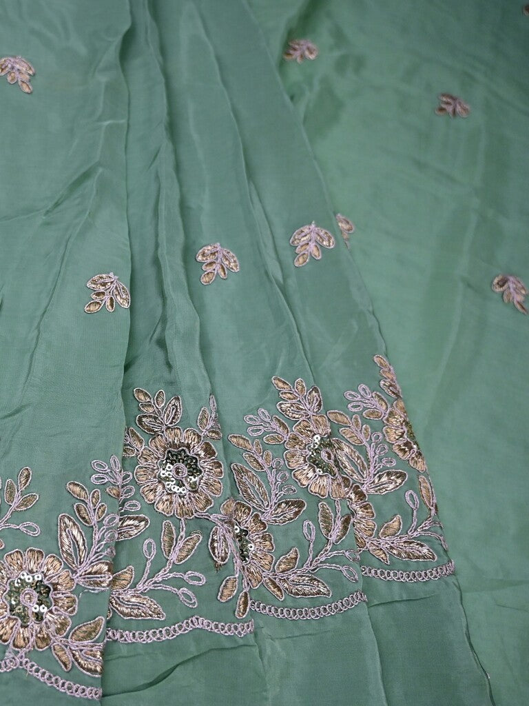 Grey color crape fabric with allover embroidery work