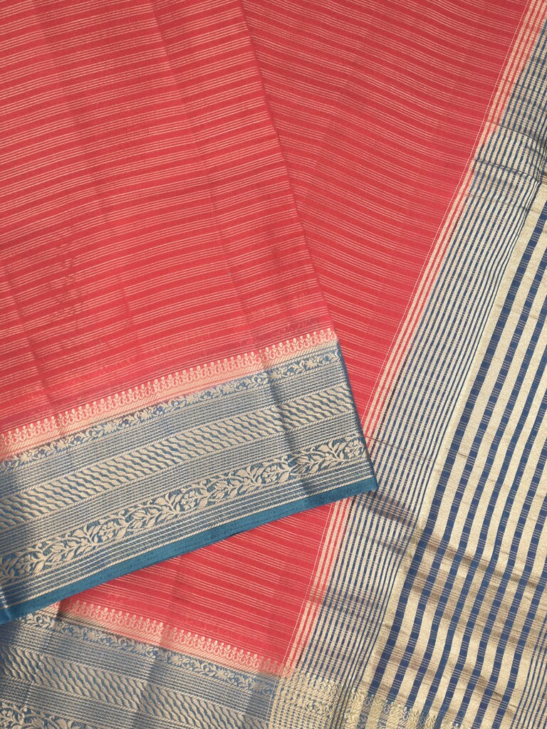 Maheshwari fancy saree red color allover stripes & zari border with contrast pallu and attached plain blouse
