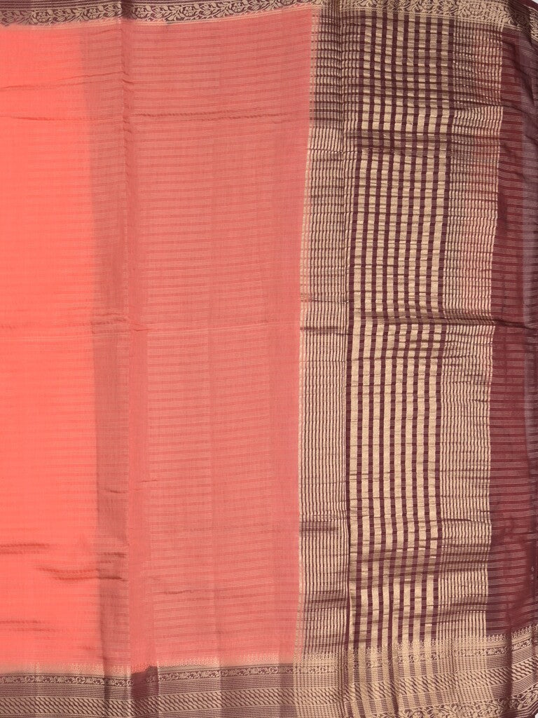 Maheshwari fancy saree peach color allover stripes & zari border with contrast pallu and attached plain blouse
