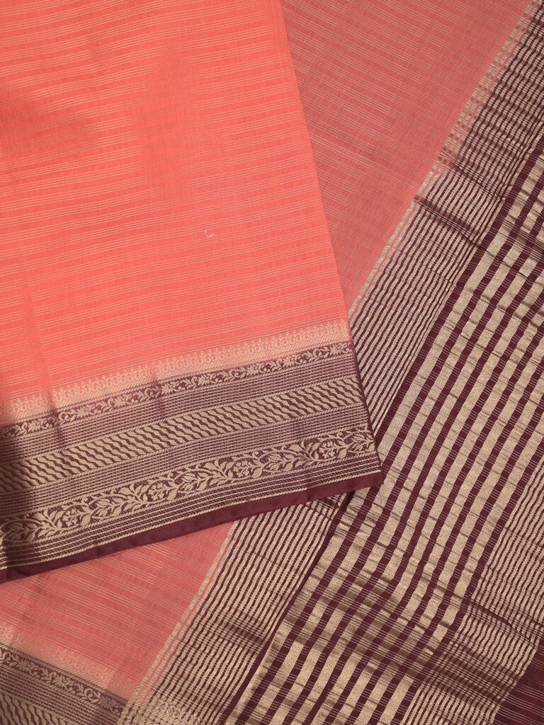 Maheshwari fancy saree peach color allover stripes & zari border with contrast pallu and attached plain blouse