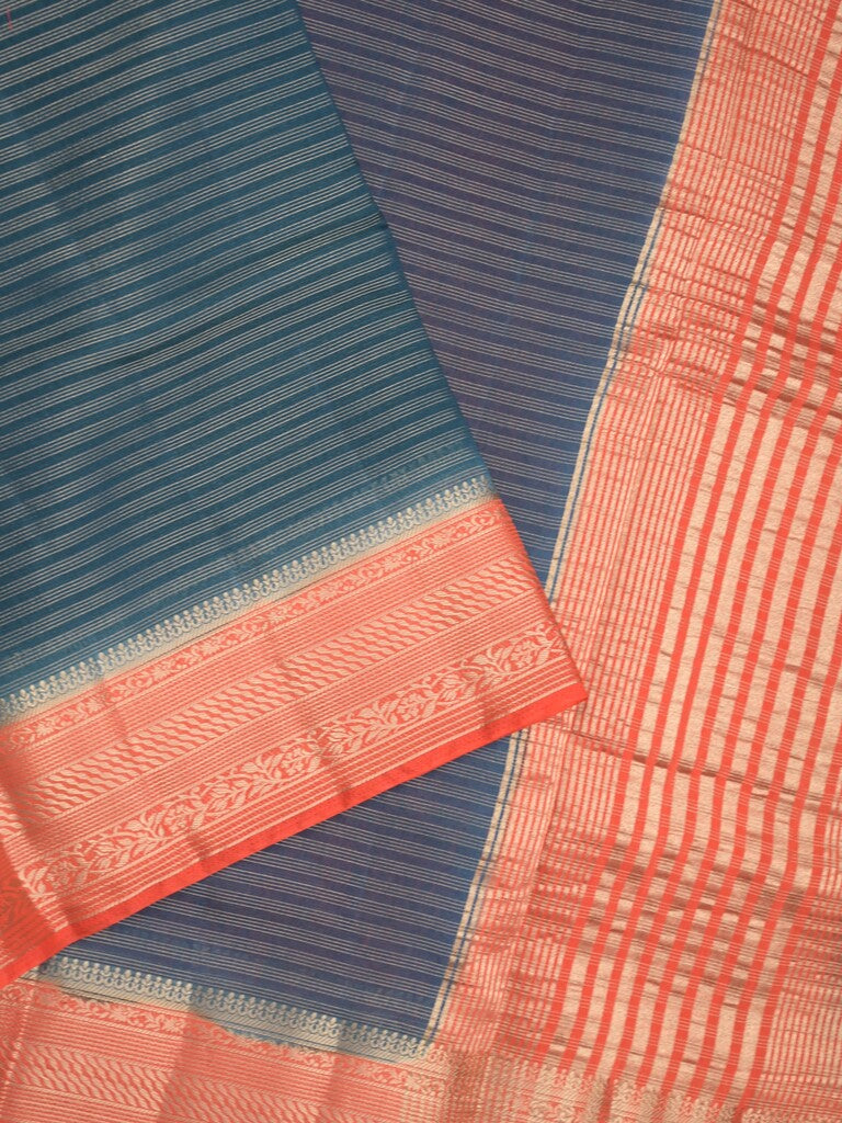 Maheshwari fancy saree navy blue color allover stripes & zari border with contrast pallu and attached plain blouse