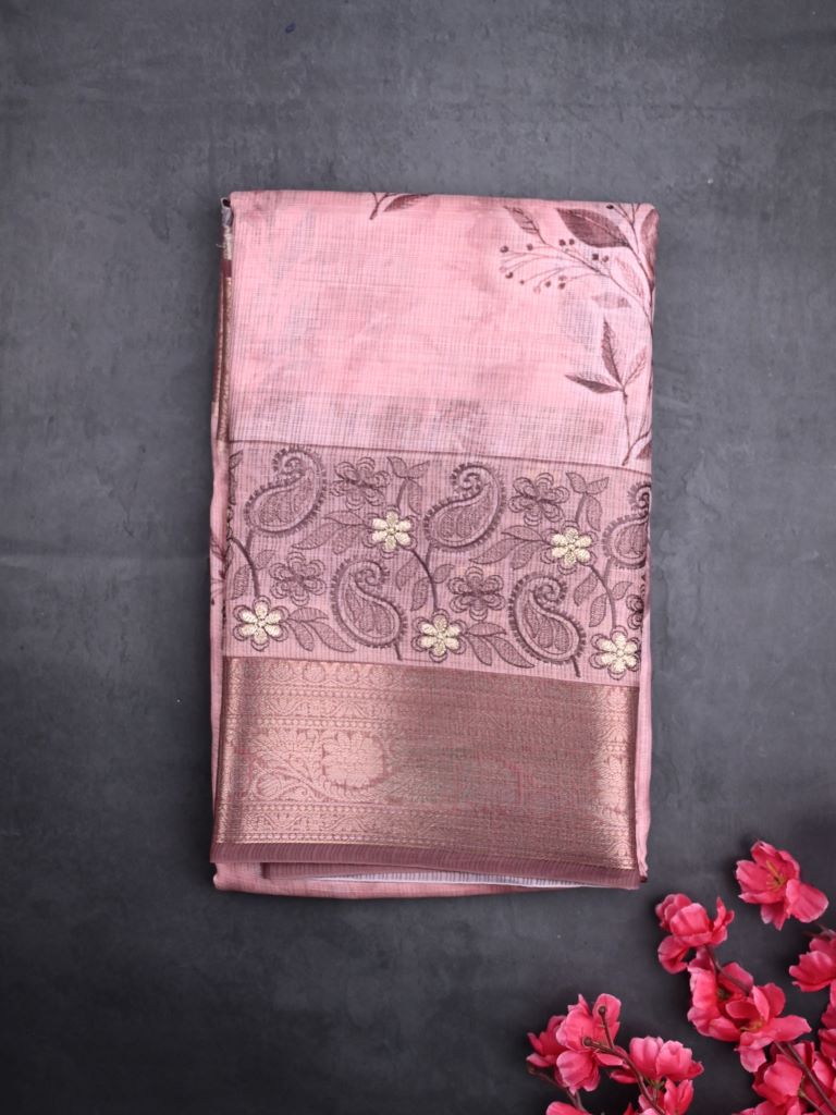 Kota tissue fancy saree baby pink color allover prints & zari border with printed pallu and printed blouse