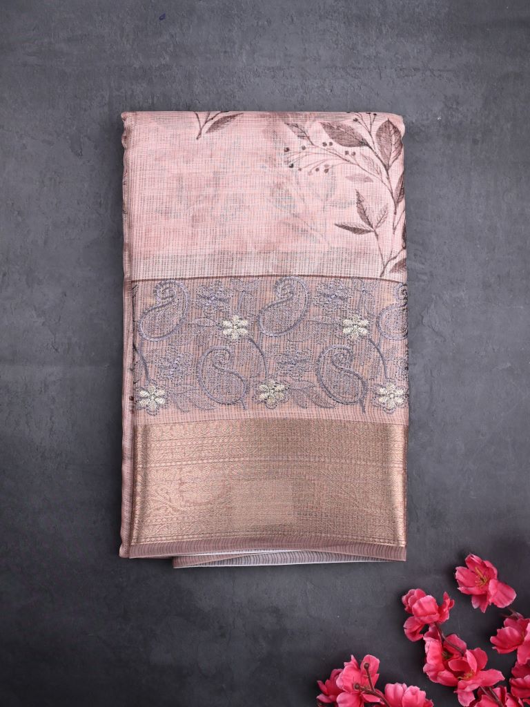 Kota tissue fancy saree onion pink color allover prints & zari border with printed pallu and printed blouse