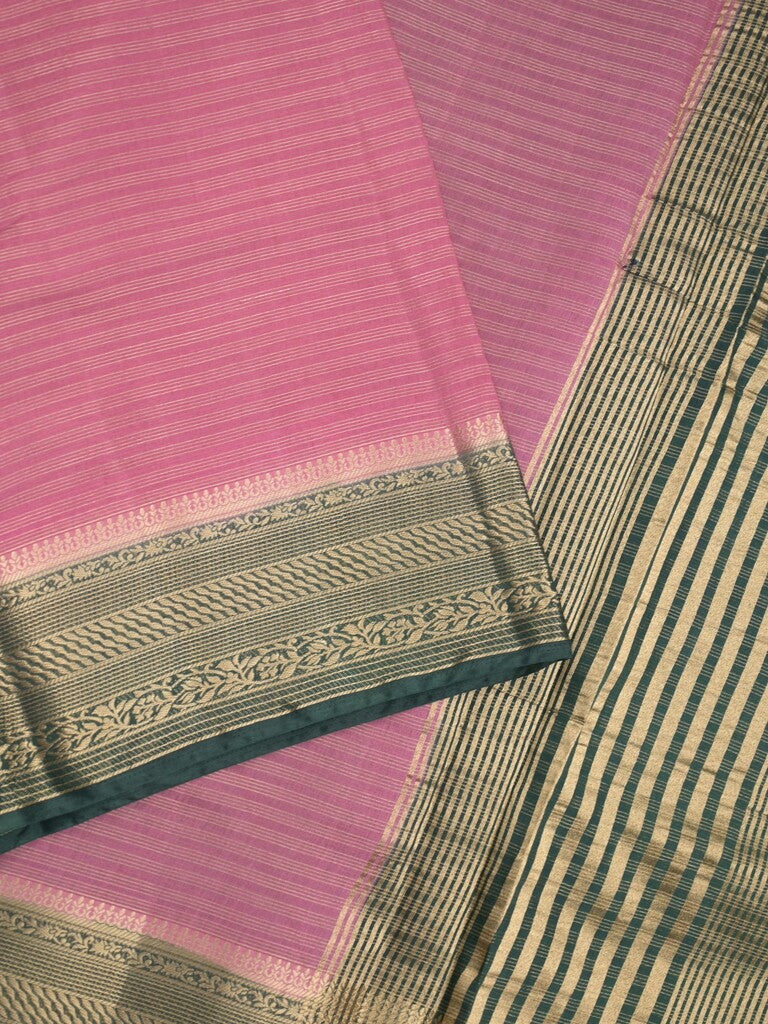 Maheshwari fancy saree onion pink color allover stripes & zari border with contrast pallu and attached plain blouse