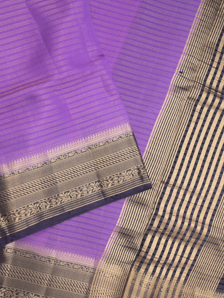 Maheshwari fancy saree purple color allover stripes & zari border with contrast pallu and attached plain blouse