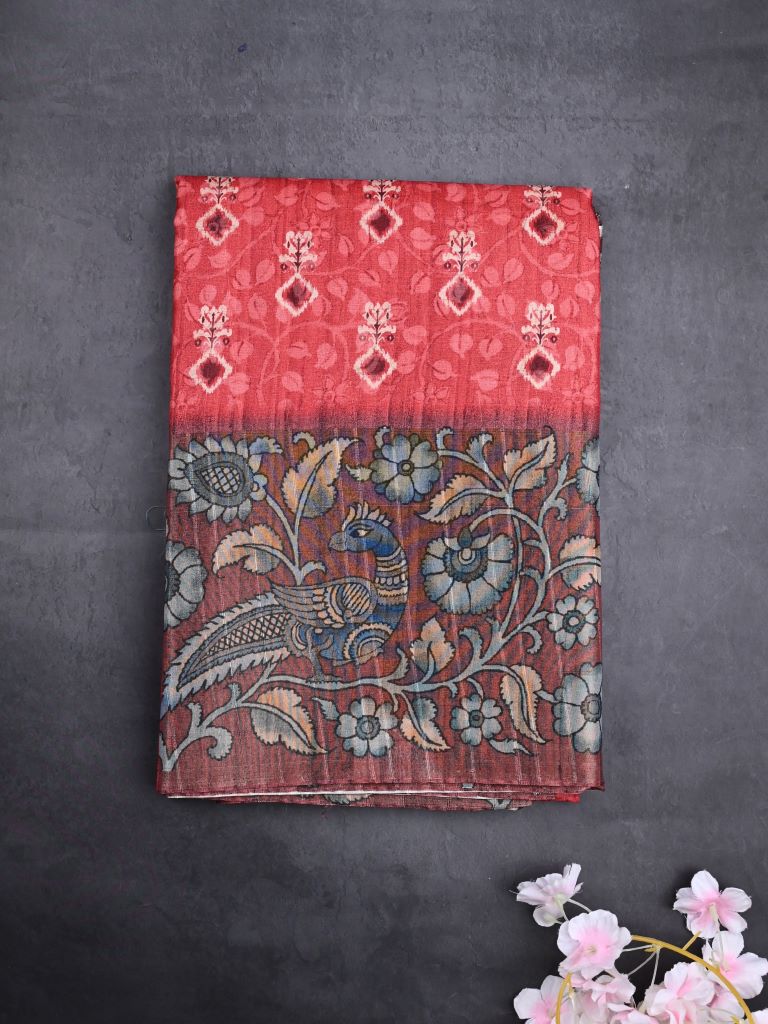 Tussar fancy saree red color allover prints & kalamkari border with kalamkari pallu and printed blouse