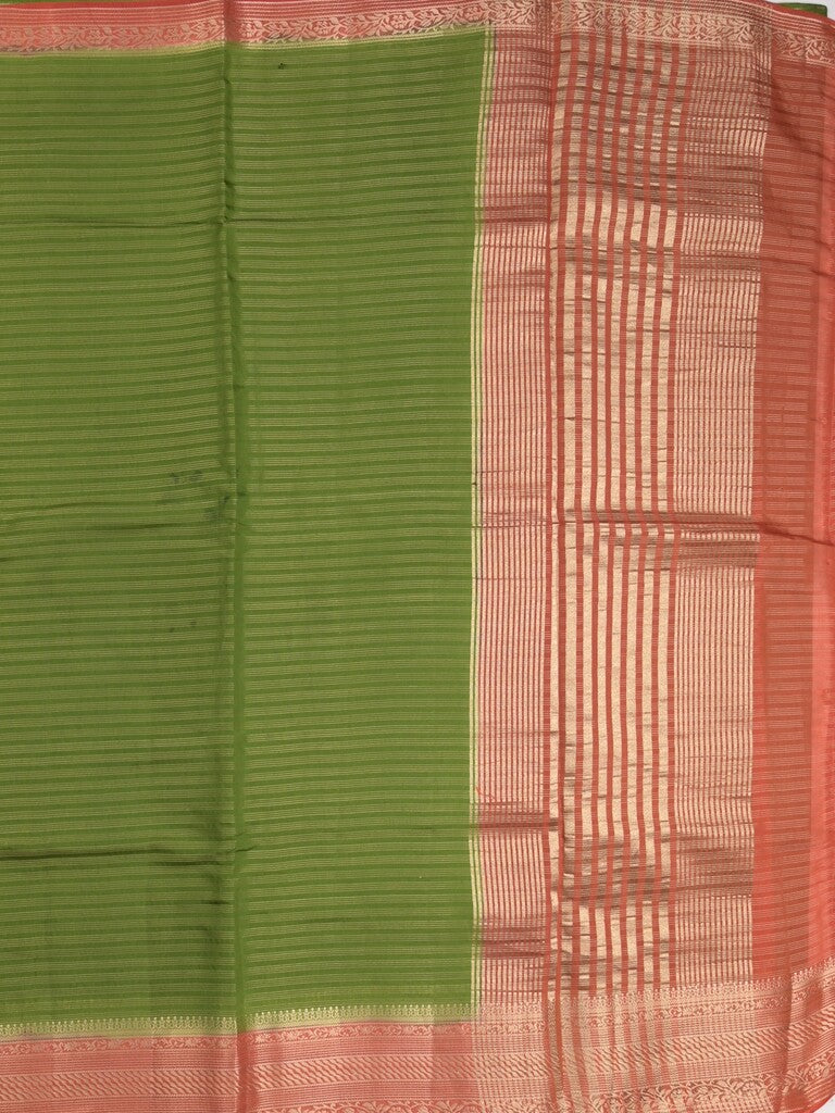Maheshwari fancy saree parrot green color allover stripes & zari border with contrast pallu and attached plain blouse