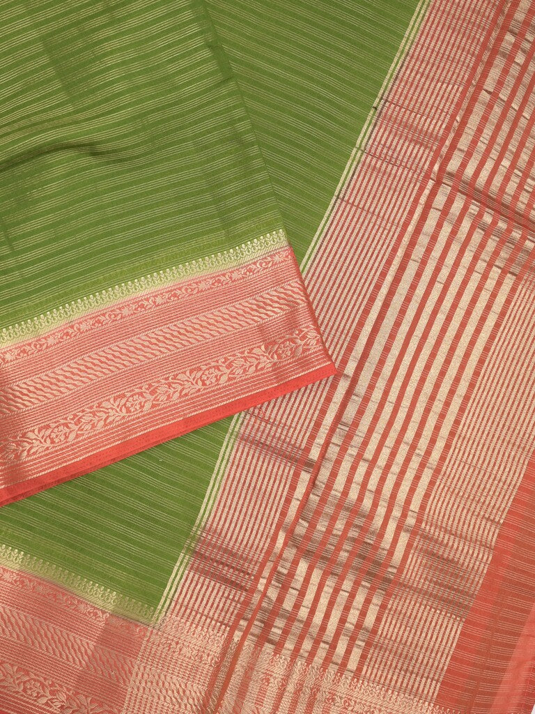 Maheshwari fancy saree parrot green color allover stripes & zari border with contrast pallu and attached plain blouse
