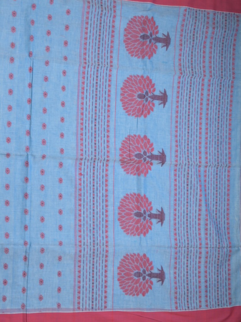 Khadi cotton saree sky blue color allover motifs & small kaddi border with weaving pallu and plain blouse