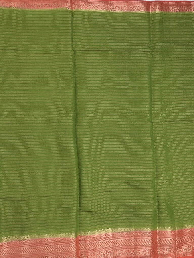 Maheshwari fancy saree parrot green color allover stripes & zari border with contrast pallu and attached plain blouse