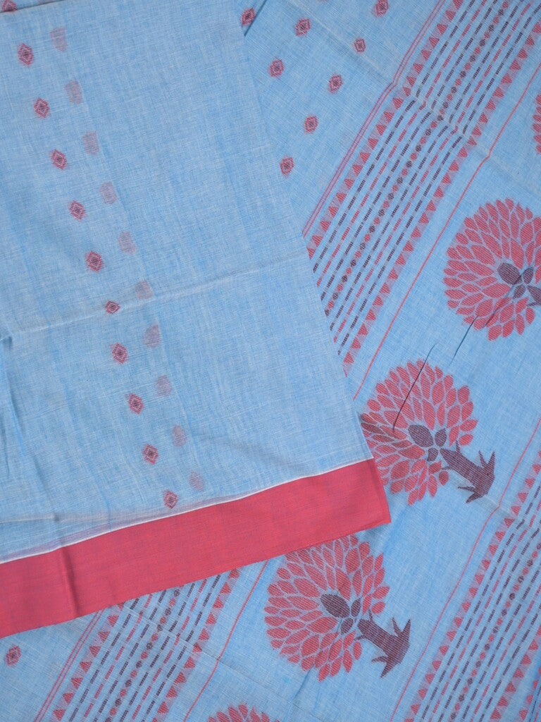 Khadi cotton saree sky blue color allover motifs & small kaddi border with weaving pallu and plain blouse