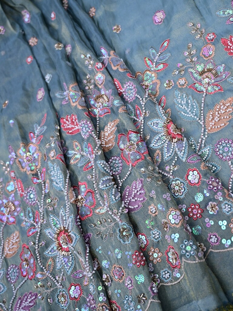 Grey color dola silk fabric with allover embroidery work