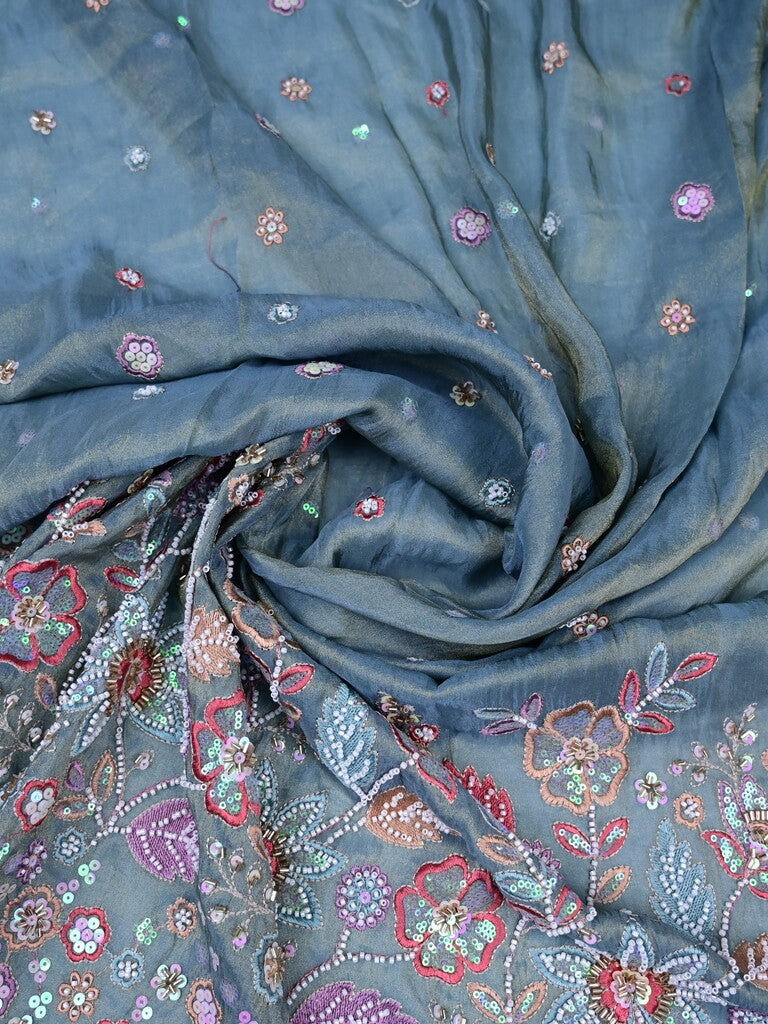 Grey color dola silk fabric with allover embroidery work