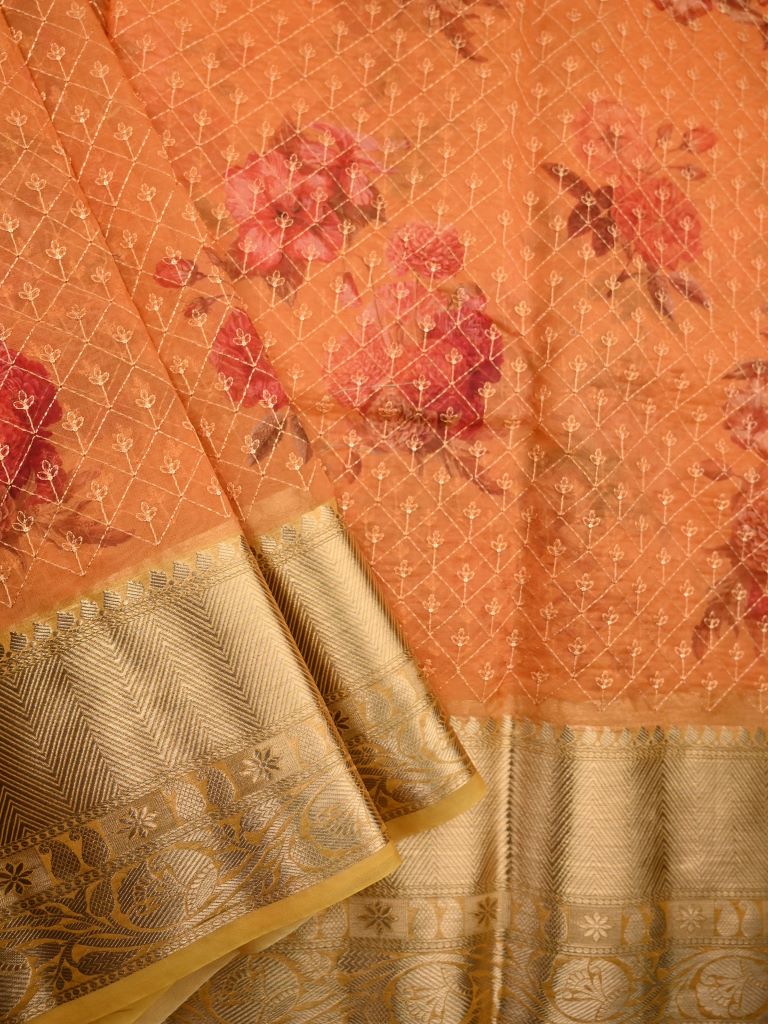 Organza fancy saree golden yellow color allover prints and embroidery & zari border with running pallu and plain blouse
