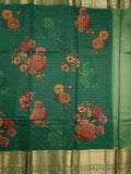 Organza fancy saree bottle green color allover prints and embroidery & zari border with running pallu and plain blouse