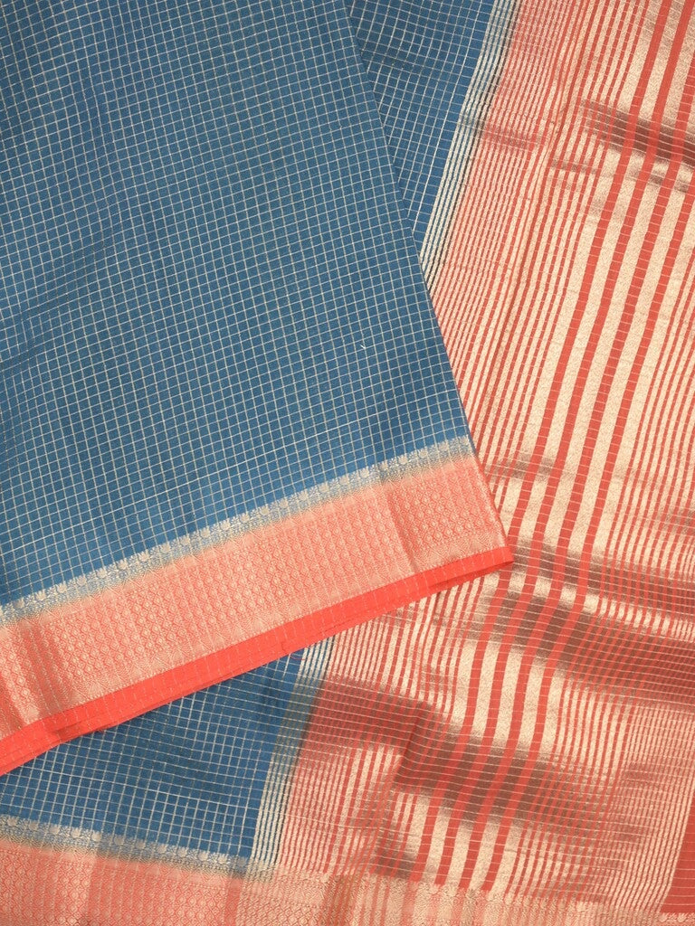 Maheshwari fancy saree navy blue color allover checks & zari border with contrast pallu and attached plain blouse