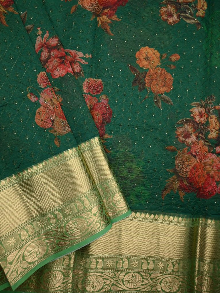 Organza fancy saree bottle green color allover prints and embroidery & zari border with running pallu and plain blouse