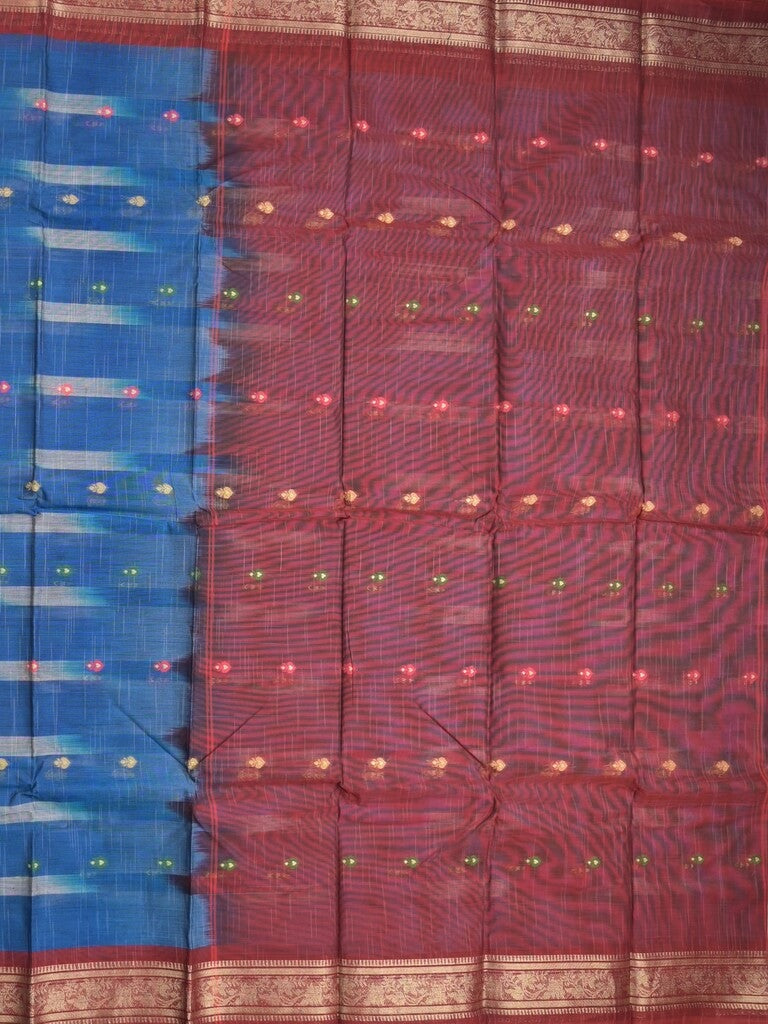 Dhaka cotton saree royal blue color allover weaves & Small zari border with contrast pallu