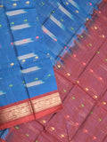 Dhaka cotton saree royal blue color allover weaves & Small zari border with contrast pallu