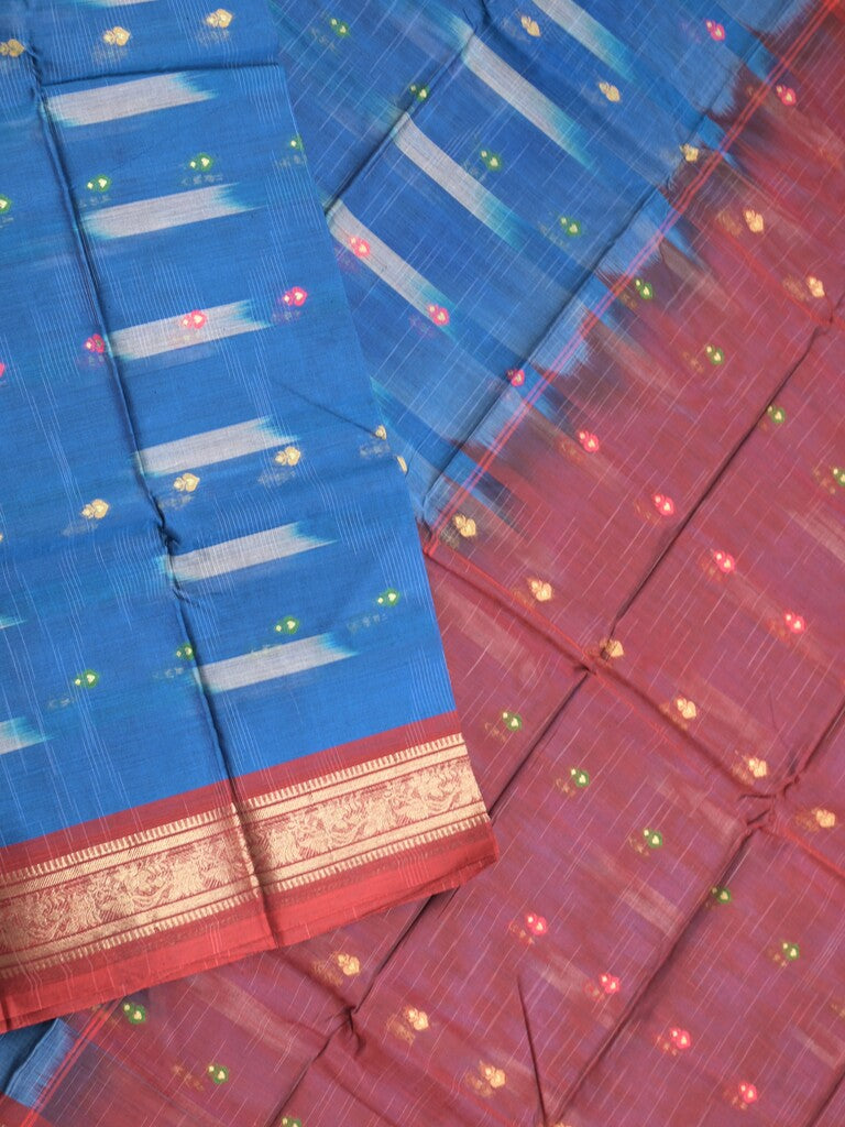Dhaka cotton saree royal blue color allover weaves & Small zari border with contrast pallu