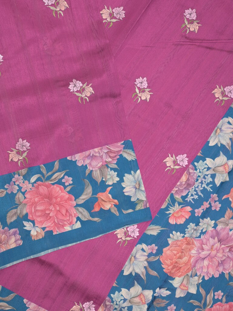Tussar fancy saree magenta color allover prints & printed border with contrast pallu and printed blouse