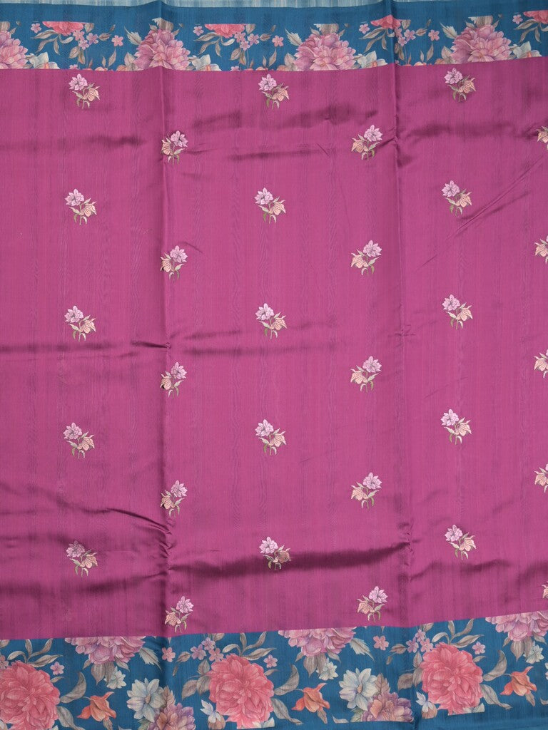 Tussar fancy saree magenta color allover prints & printed border with contrast pallu and printed blouse