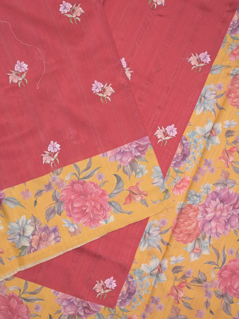 Tussar fancy saree red color allover prints & printed border with contrast pallu and printed blouse