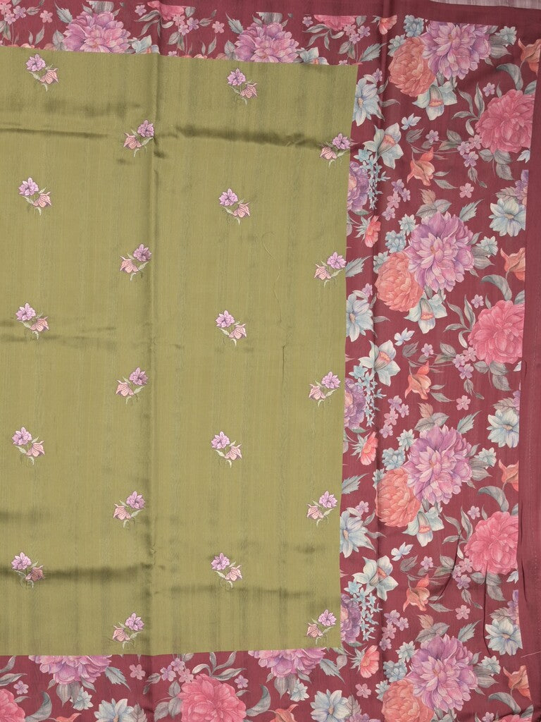 Tussar fancy saree olive green color allover prints & printed border with contrast pallu and printed blouse