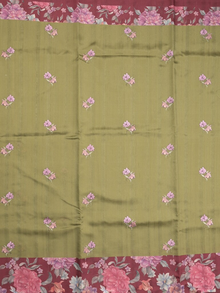 Tussar fancy saree olive green color allover prints & printed border with contrast pallu and printed blouse