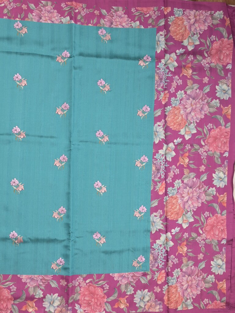 Tussar fancy saree sky blue color allover prints & printed border with contrast pallu and printed blouse