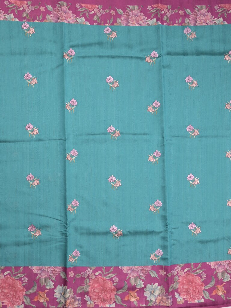 Tussar fancy saree sky blue color allover prints & printed border with contrast pallu and printed blouse