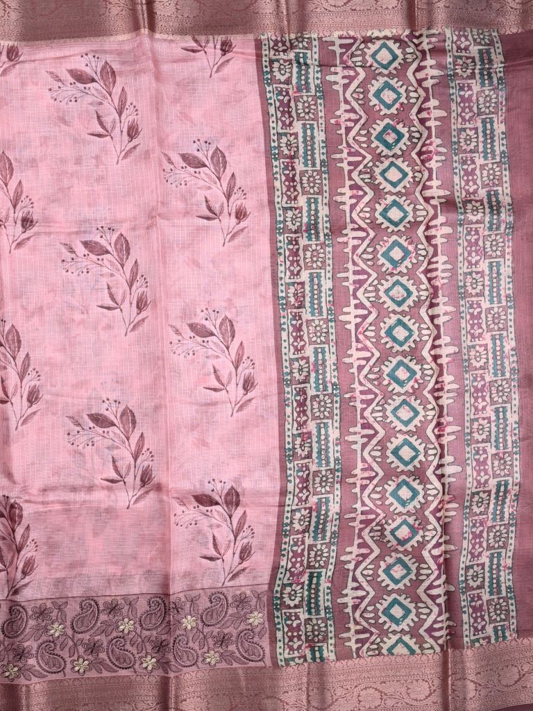 Kota tissue fancy saree baby pink color allover prints & zari border with printed pallu and printed blouse