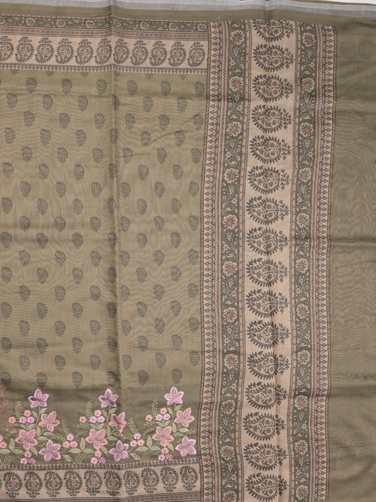 Chanderi fancy saree snuff color allover prints, embroidery & printed border with printed pallu and printed blouse