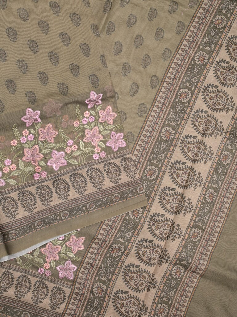 Chanderi fancy saree snuff color allover prints, embroidery & printed border with printed pallu and printed blouse