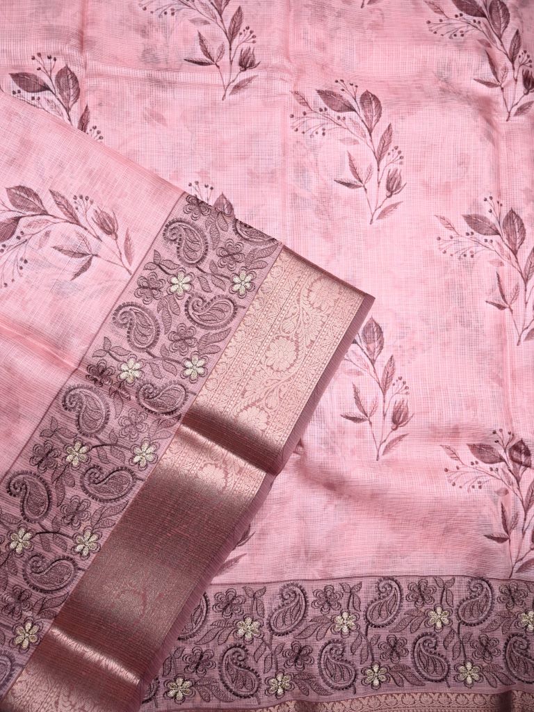 Kota tissue fancy saree baby pink color allover prints & zari border with printed pallu and printed blouse